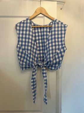 Whimsy + Row Blue and White Gingham Tie-Front Crop Top